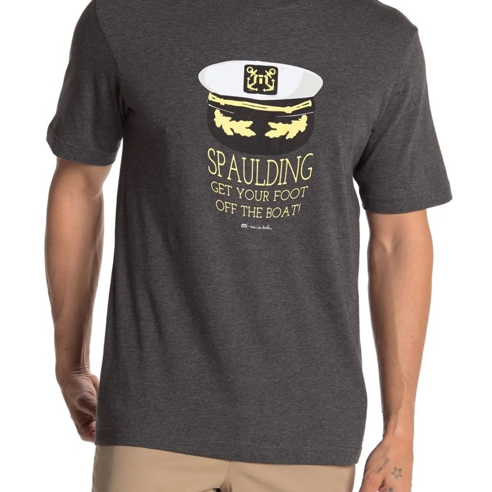 Travis Mathew's Navy Blue T-Shirt Size L Spaulding Get Your Foot Off The Boat